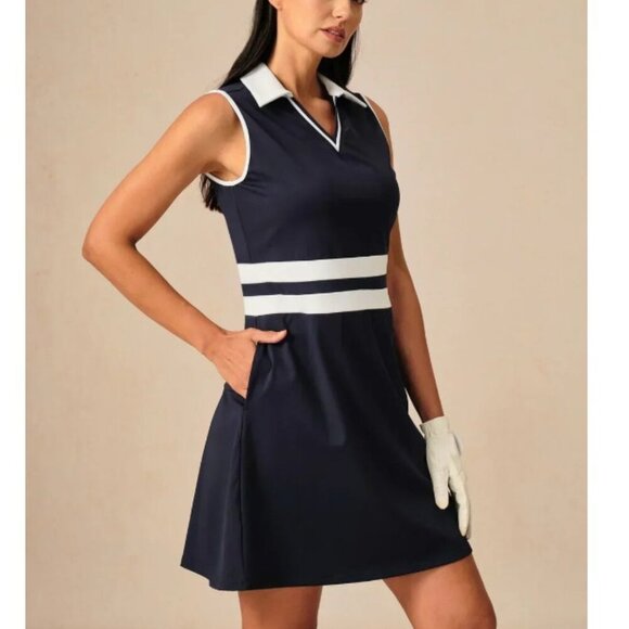 Acegolfs Dresses & Skirts - Acegolfs Navy core Sleeveless V-Neck Color Block Dress UPF50+